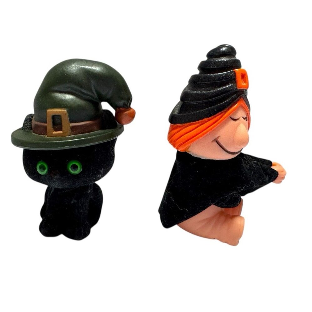 Vintage Hallmark Merry Miniature Black Cat Flocked & Fun World Witch Topper